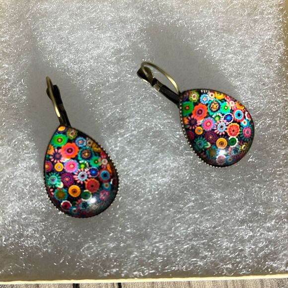 Colorful Teardrop Millefiori Glass Earrings - Picture 1 of 5